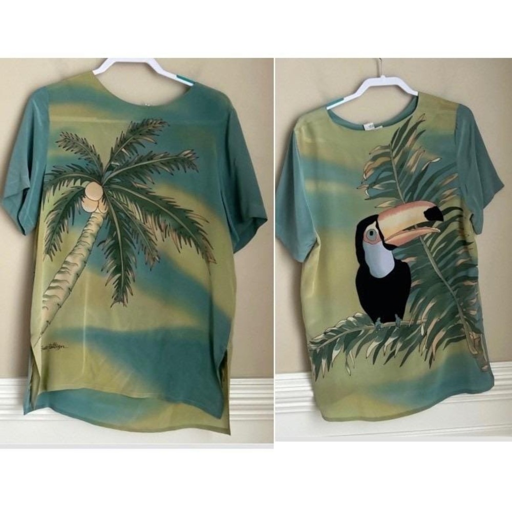 Carol Patterson Vtg 90s Size M Hand Painted Silk Tunic Blouse Toucan Palm Art